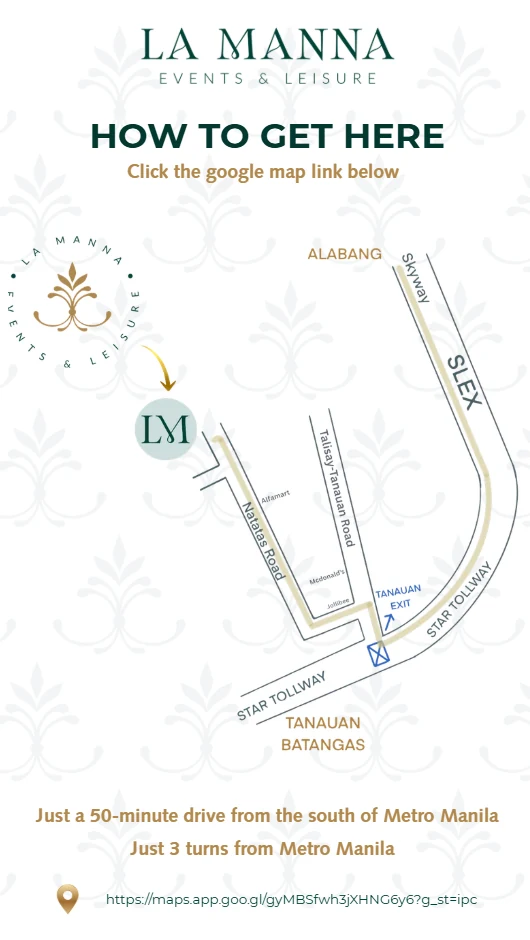 Map showing how to get to La Manna Events & Leisure from the STAR Tollway Tanauan Exit